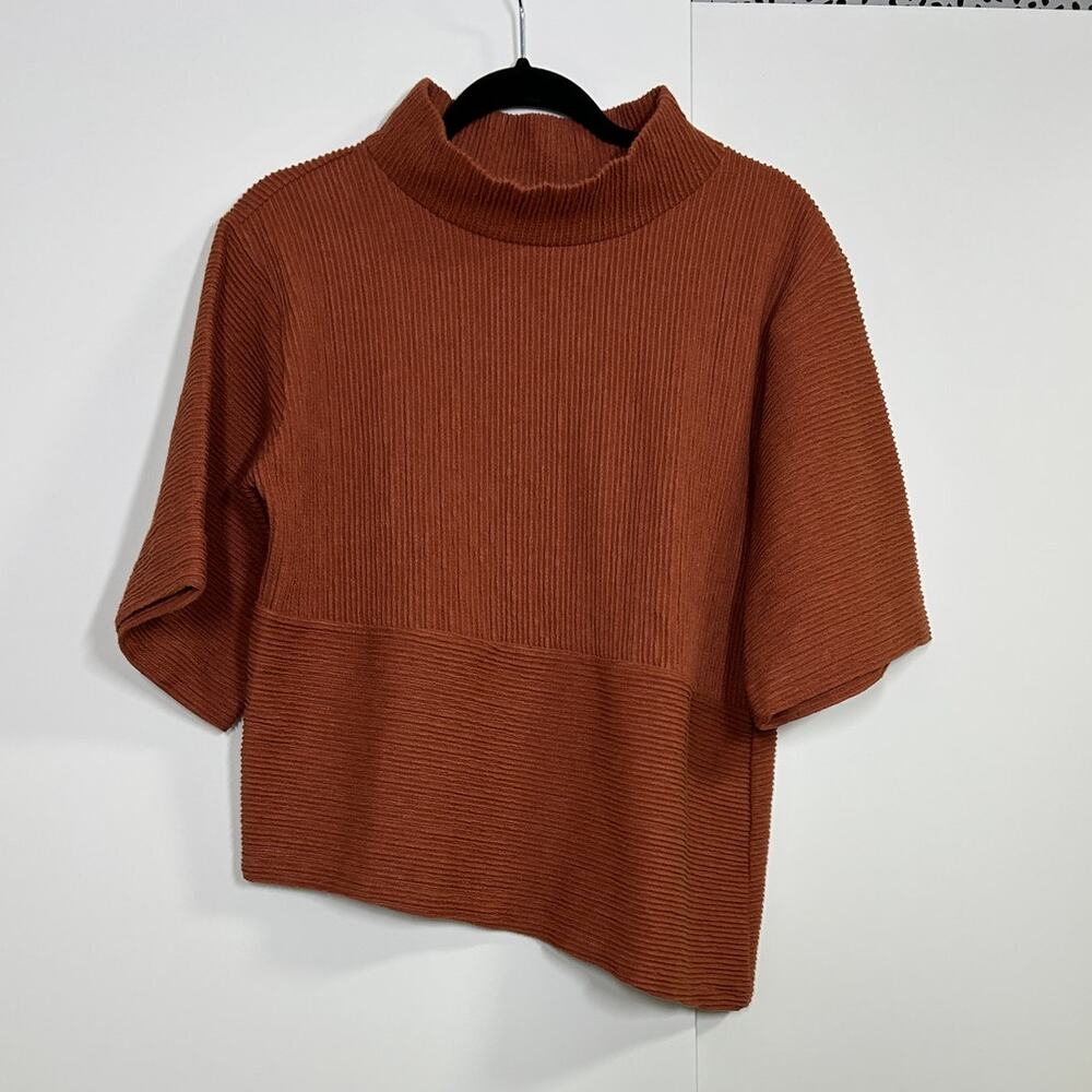 Touché Collection Ribbed Knit Rust‎ Top S Minimalist Boxy Mock Neck Fall Staple